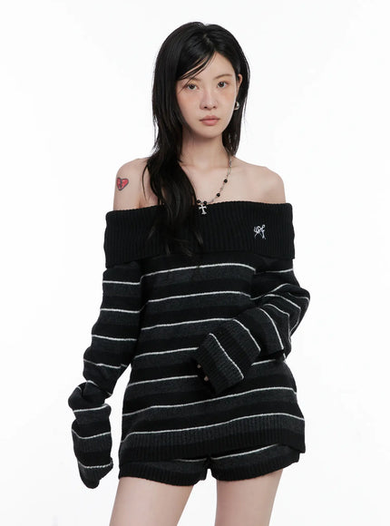 Striped Off-Shoulder Sweater and Shorts Set CS529