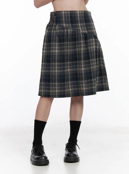 plaid-button-detail-flare-midi-skirt-cj520