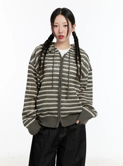 Striped Knit Hooded Cardigan CM511