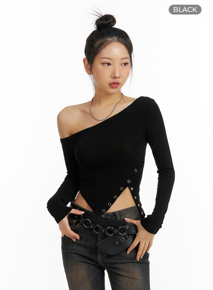 asymmetrical-one-shoulder-side-cut-long-sleeve-cf416 / Black