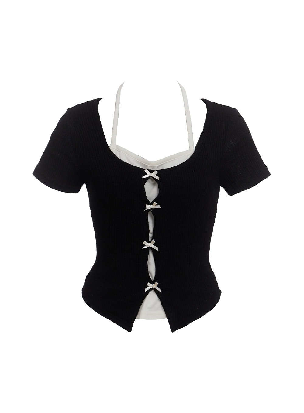 ribbon-layered-short-sleeve-cardigan-cu520 / Black