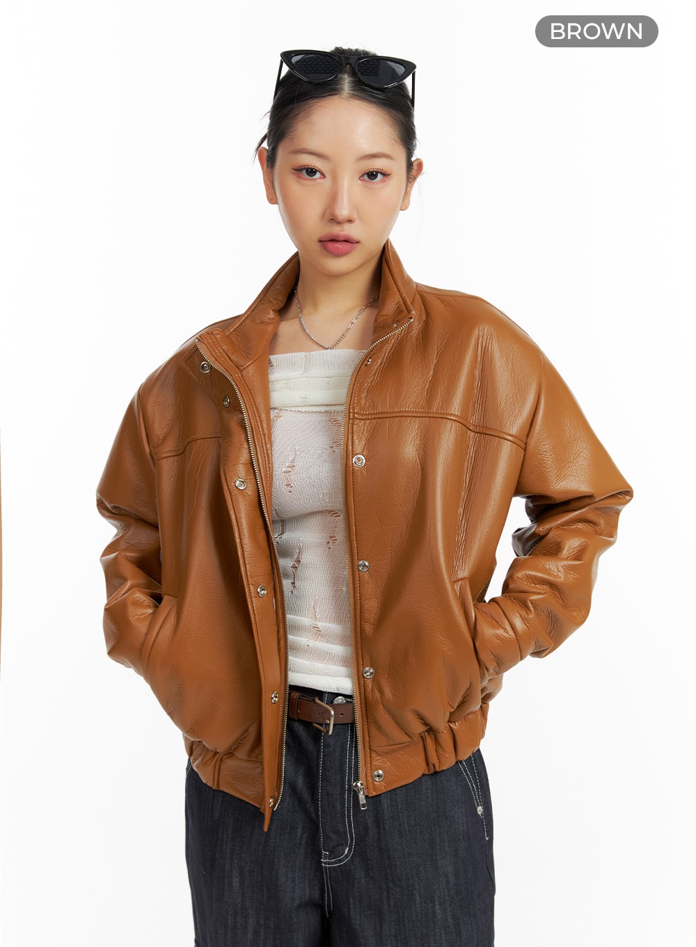faux-leather-biker-jacket-cf416 / Brown