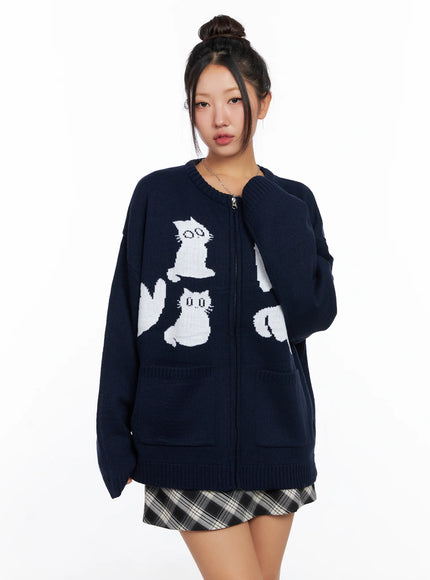 oversized-graphic-zip-up-sweater-co515 / Dark blue