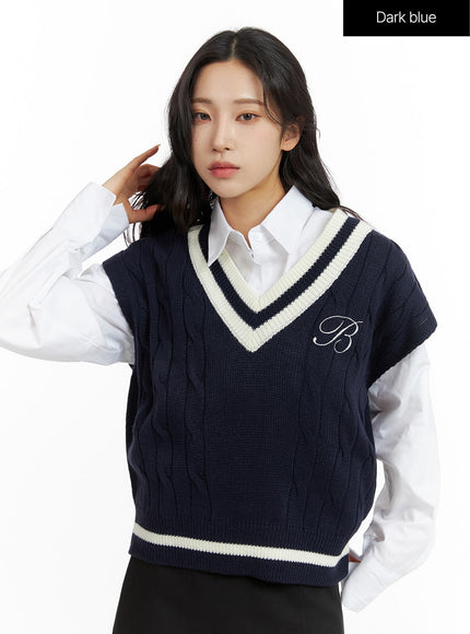 cable-knit-v-neck-vest-sweater-cf415 / Dark blue