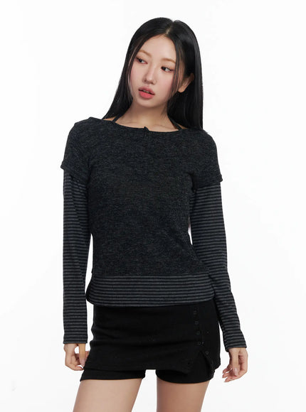 stripe-contrast-layered-long-sleeve-top-cj514 / Dark gray