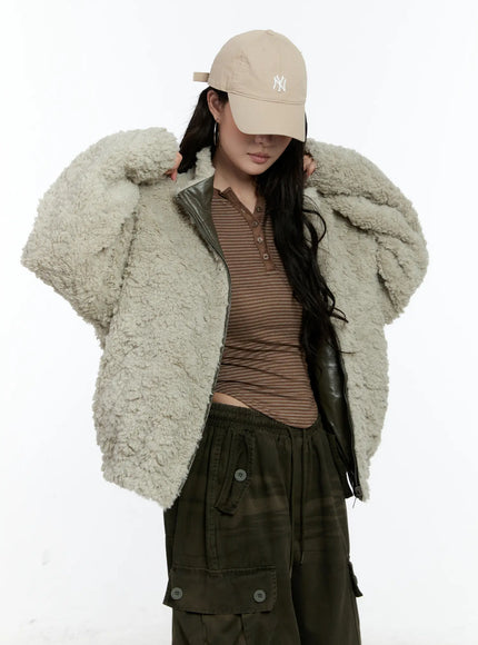 reversible-faux-fur-leather-jacket-cn513 / Dark green