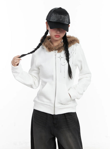 faux-fur-trim-cropped-hoodie-cn528 / White