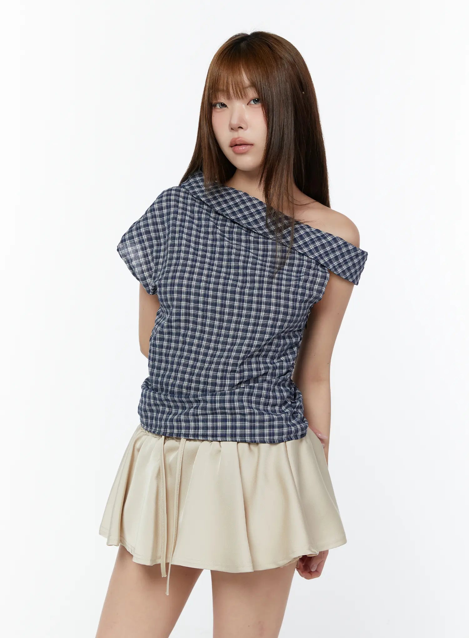 asymmetric-ruched-plaid-blouse-cy519