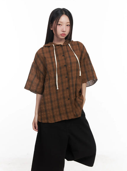 plaid-hooded-oversized-shirt-cu517 / dark brown