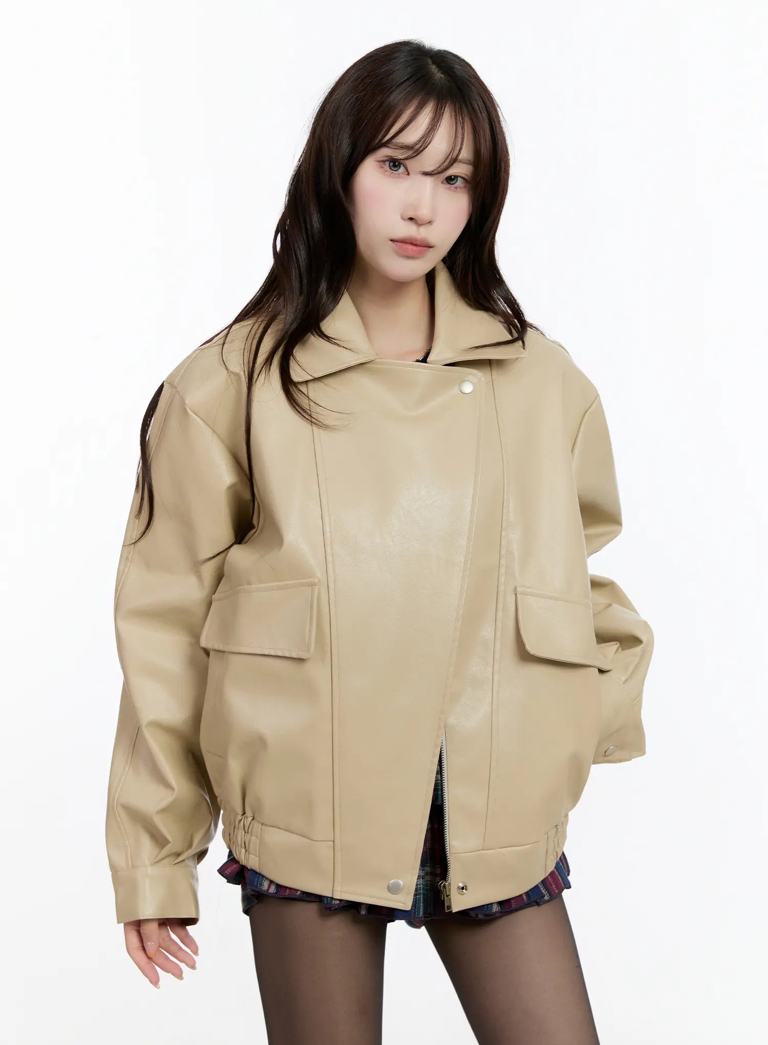 oversized-faux-leather-jacket-cn524 / Beige