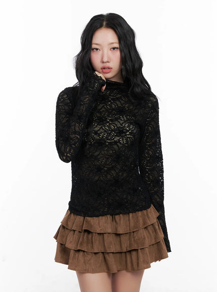 lace-turtleneck-long-sleeve-top-cn514 / Black