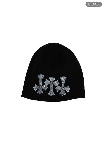 dark-grunge-stud-graphic-beanie-cf428 / Black