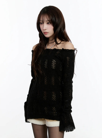 vintage-off-shoulder-knit-sweater-cn524 / Black