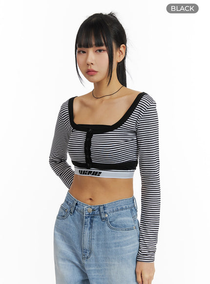 round-neck-striped-long-sleeve-crop-top-cm407 / Black