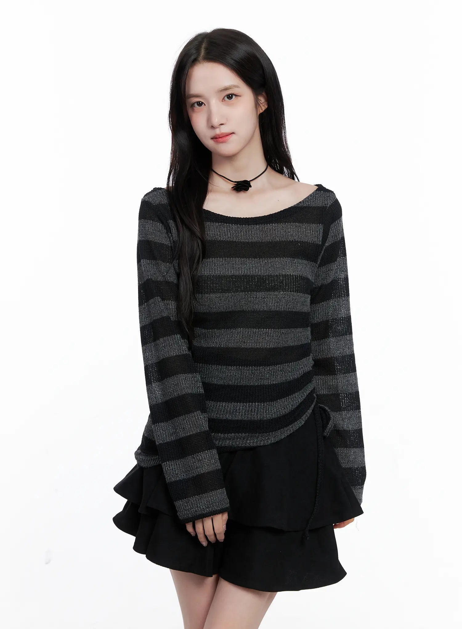 Striped Ruched Wide Neck Top CS523