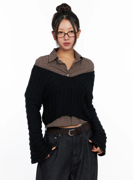 v-neck-cropped-knit-sweater-co515 / Black