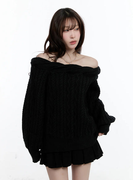 cable-knit-off-shoulder-sweater-cn525 / Black