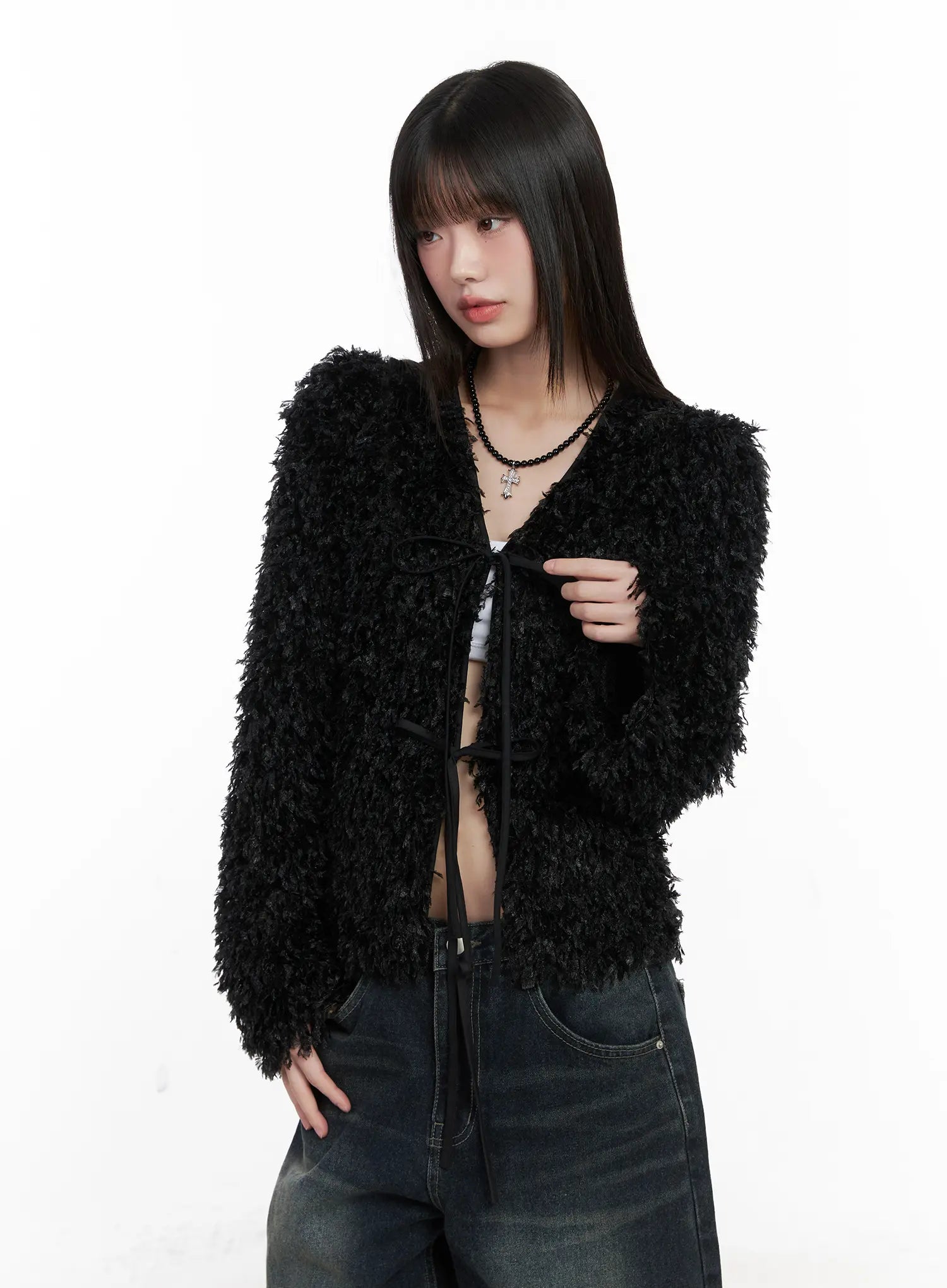 faux-fur-ribbon-cardigan-cn511 / Black