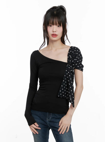 one-shoulder-polka-dot-print-top-cg519 / Black