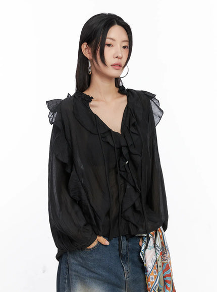 sheer-ruffle-long-sleeve-blouse-co508 / Black