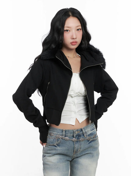 slim-fit-fleece-fur-hoodie-cn514 / Black