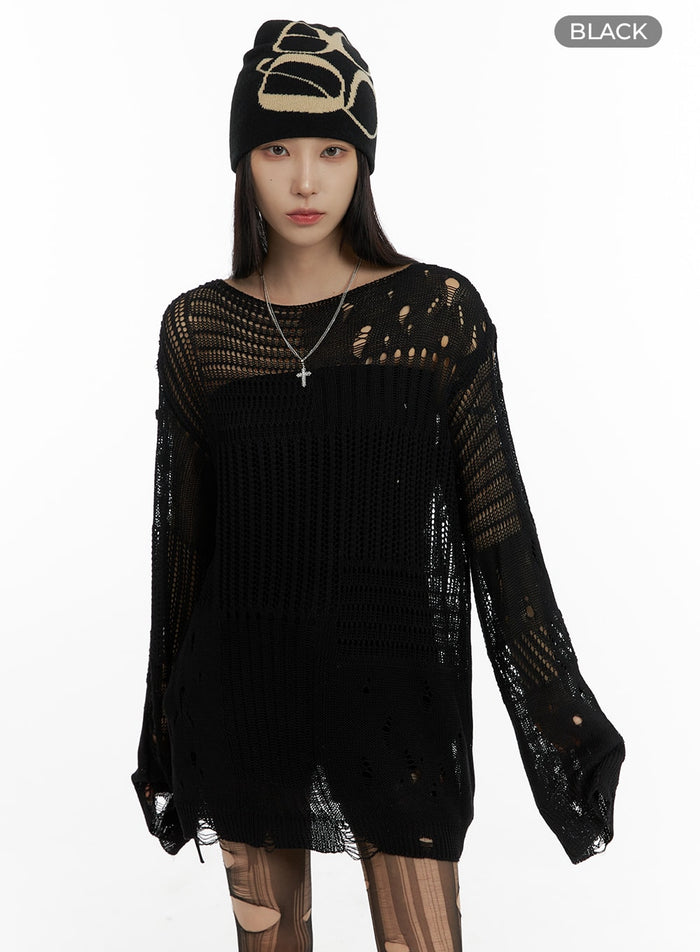 dark-grunge-damaged-mesh-knit-top-cf428 / Black