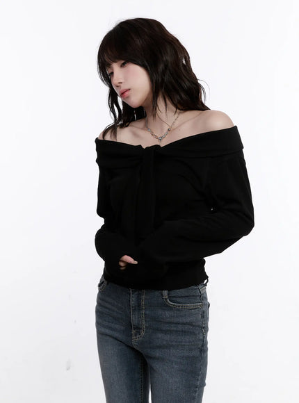 off-shoulder-bow-tie-long-sleeve-top-cs530 / Black