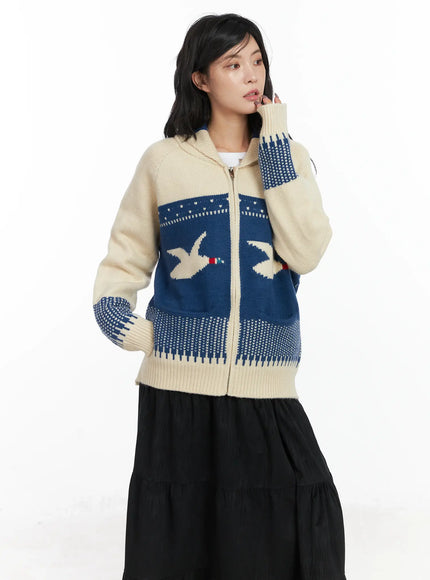 vintage-graphic-knit-zip-up-cardigan-cd502 / Blue