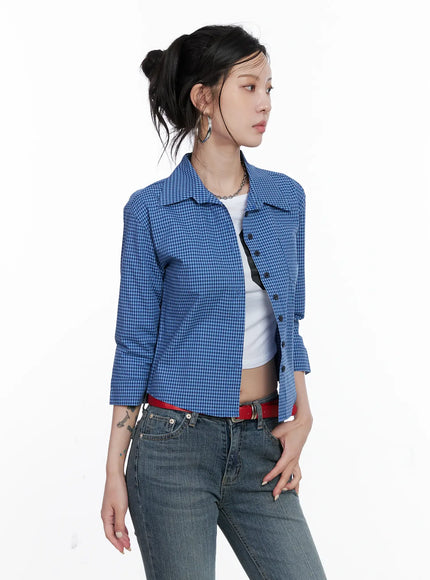 cropped-plaid-button-up-shirt-cs512 / Blue