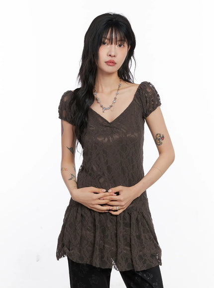 lace-shirred-mini-dress-co507 / Brown