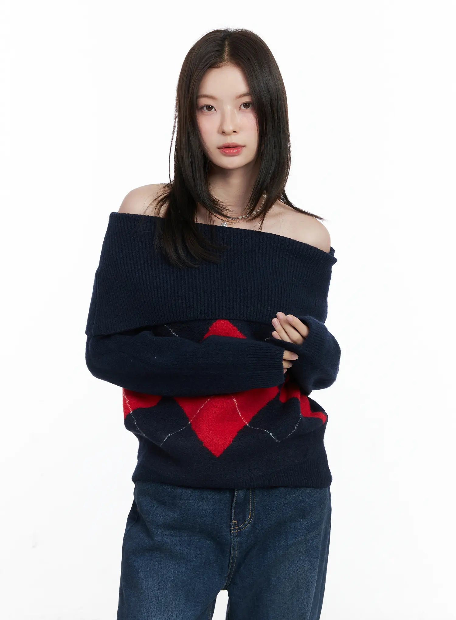 argyle-off-shoulder-knit-sweater-cn518 / Dark blue