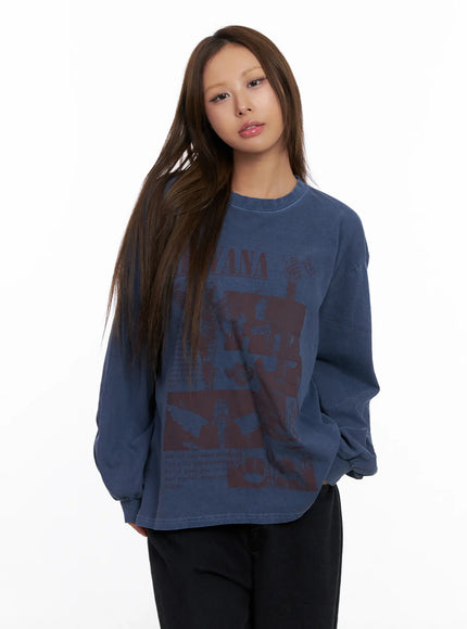 oversized-graphic-long-sleeve-tee-cs524 / Dark blue