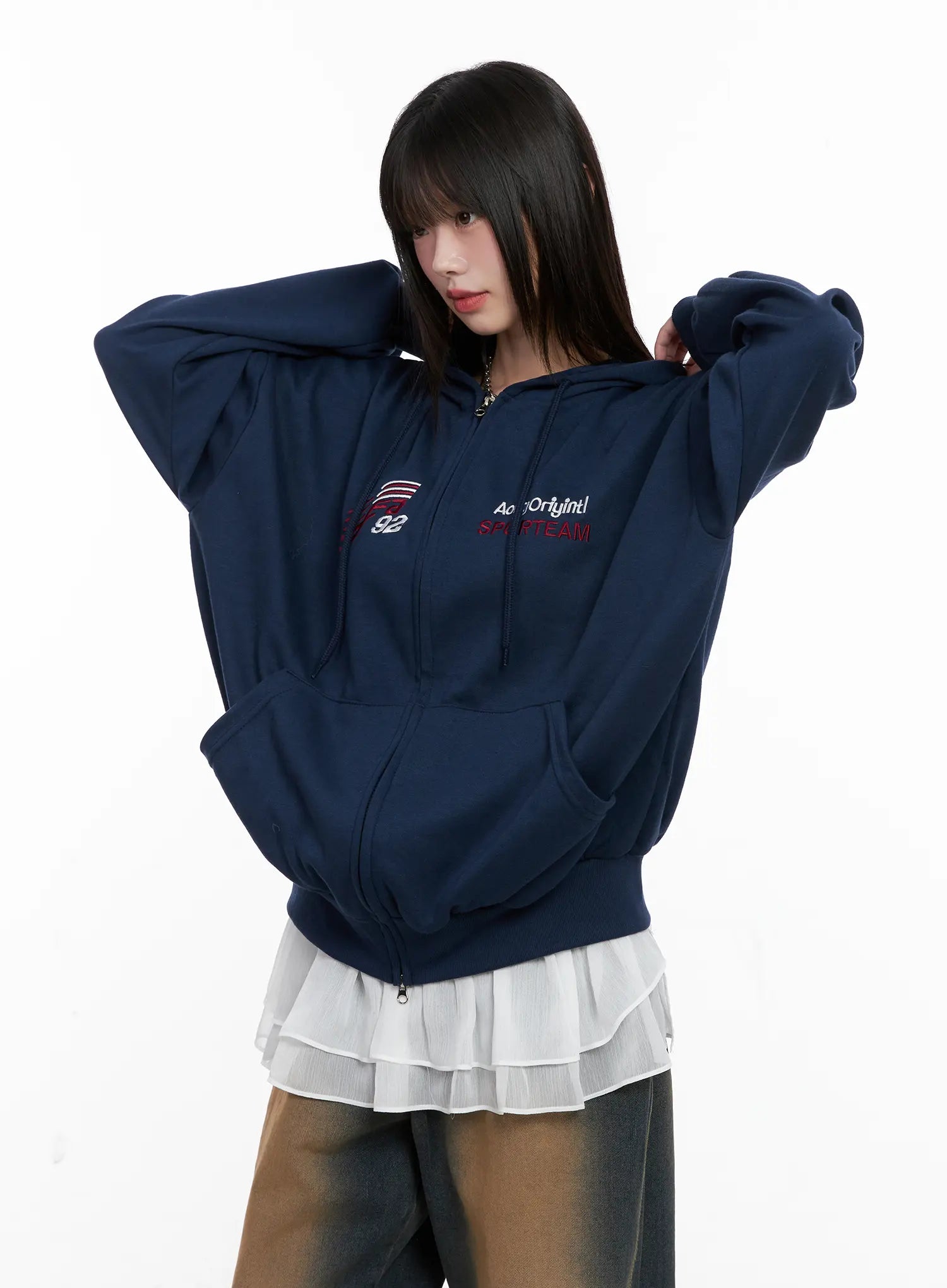 oversized-graphic-zip-up-hoodie-cg519 / Dark blue
