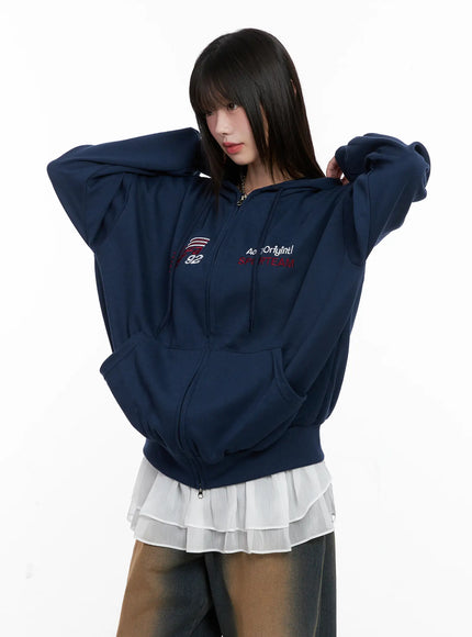oversized-graphic-zip-up-hoodie-cg519 / Dark blue