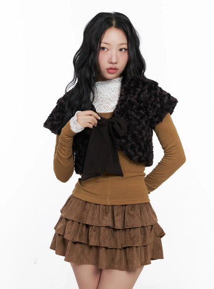 ribbon-faux-fur-bolero-vest-cn514 / Dark brown
