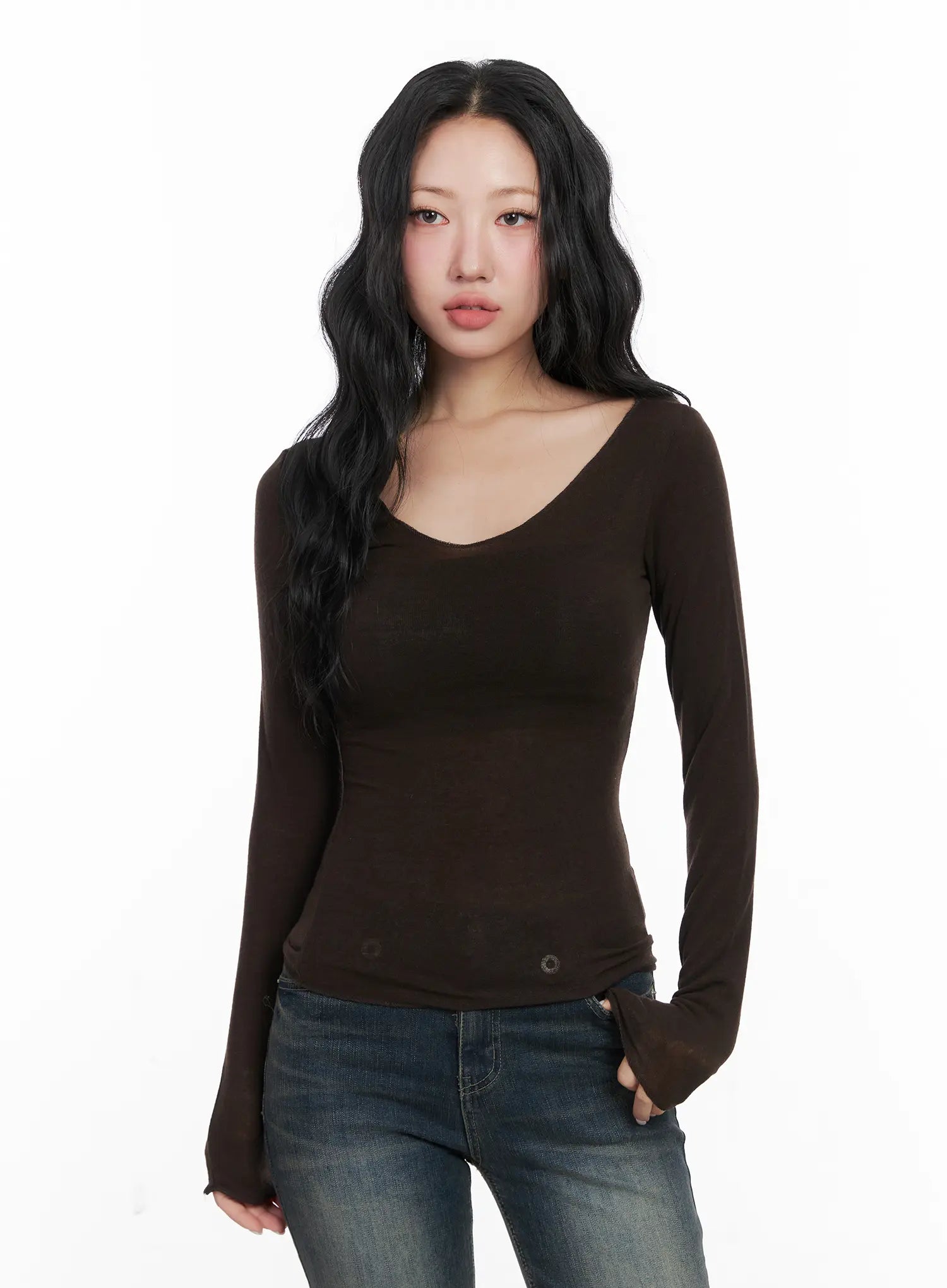 casual-u-neck-long-sleeve-top-cn514 / Brown