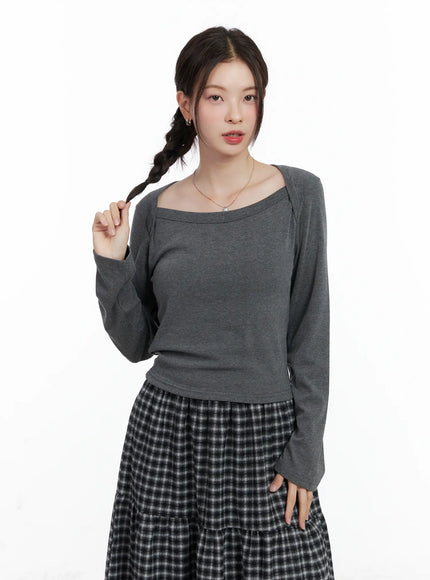 scoop-neck-cutout-long-sleeve-top-cn519 / Dark gray