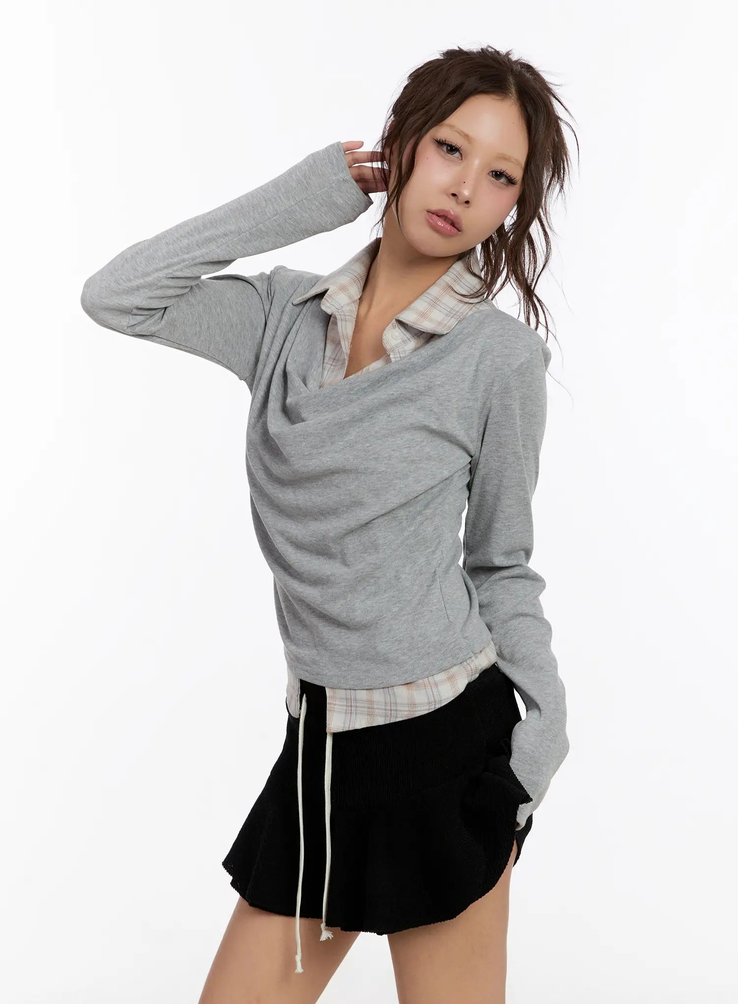 plaid-layered-long-sleeve-top-cn527 / Gray