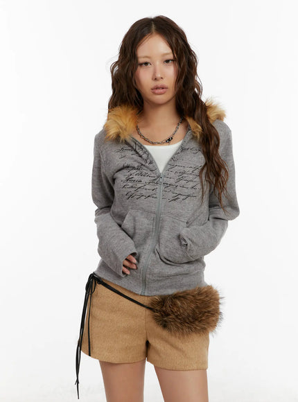graphic-faux-fur-trim-zip-up-hoodie-cd512 / Gray