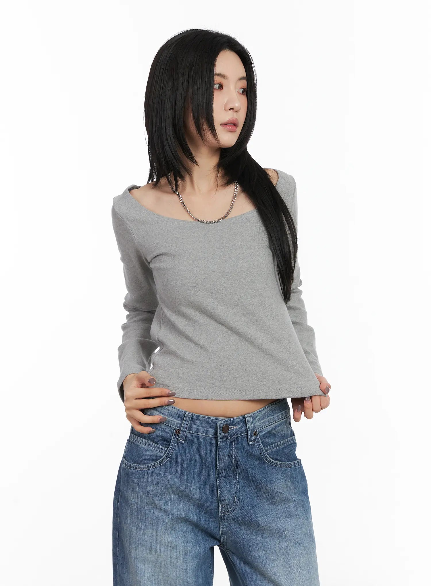 deep-u-neck-fleece-long-sleeve-tee-cd505 / Gray