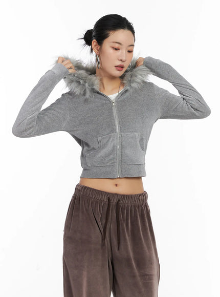 velvet-zip-up-fur-hoodie-cd508 / Gray