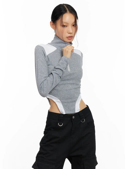 ribbed-contrast-half-zip-top-co528 / Gray