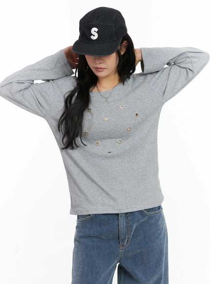eyelet-heart-boatneck-long-sleeve-tee-cn528 / Gray