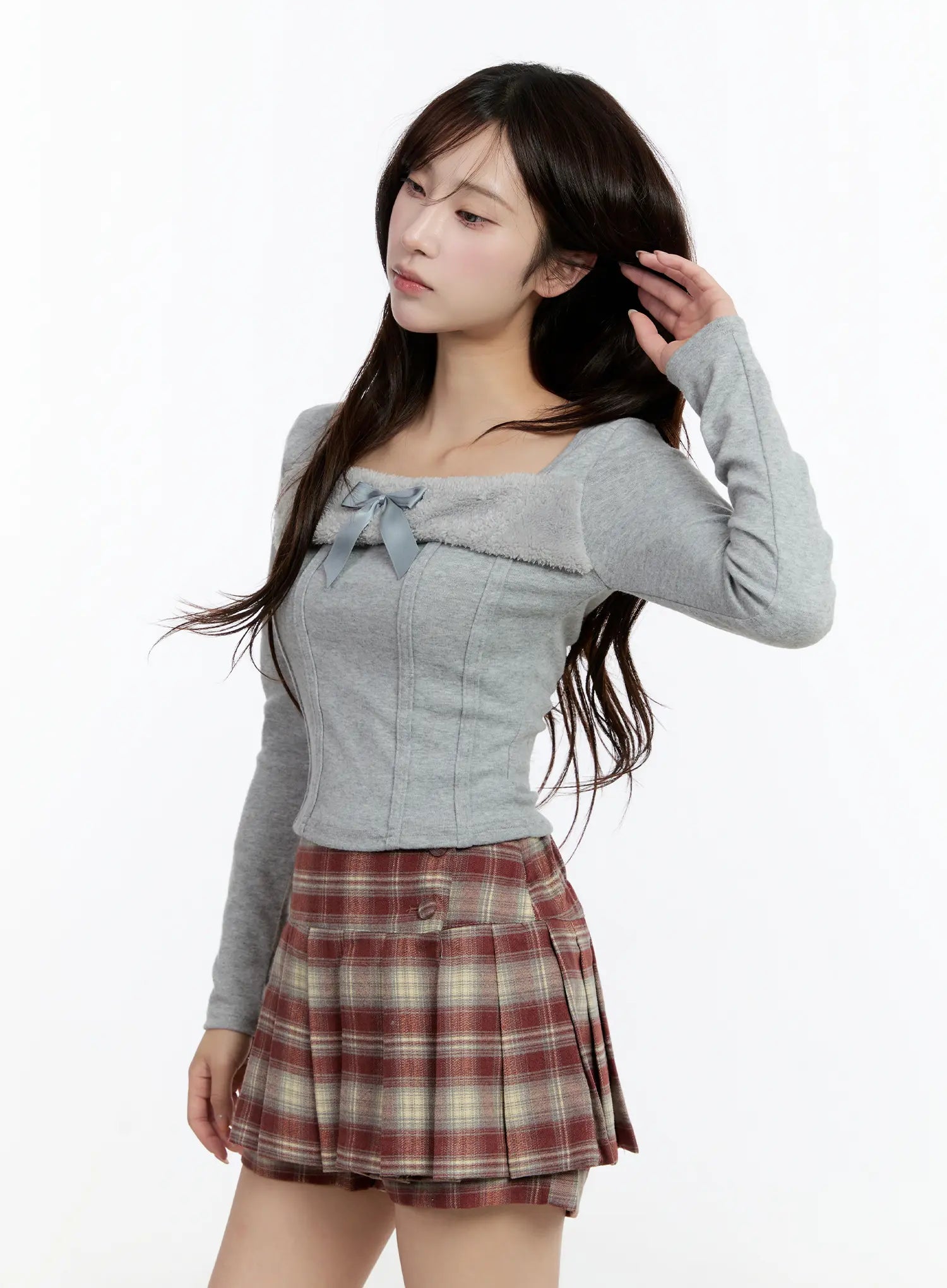 faux-fur-ribbon-long-sleeve-top-cn524 / Gray