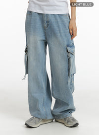 denim-pocket-cargo-wide-leg-jeans-cm407 / Light blue