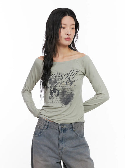 graphic-off-shoulder-long-sleeve-tee-cc1809 / Light green