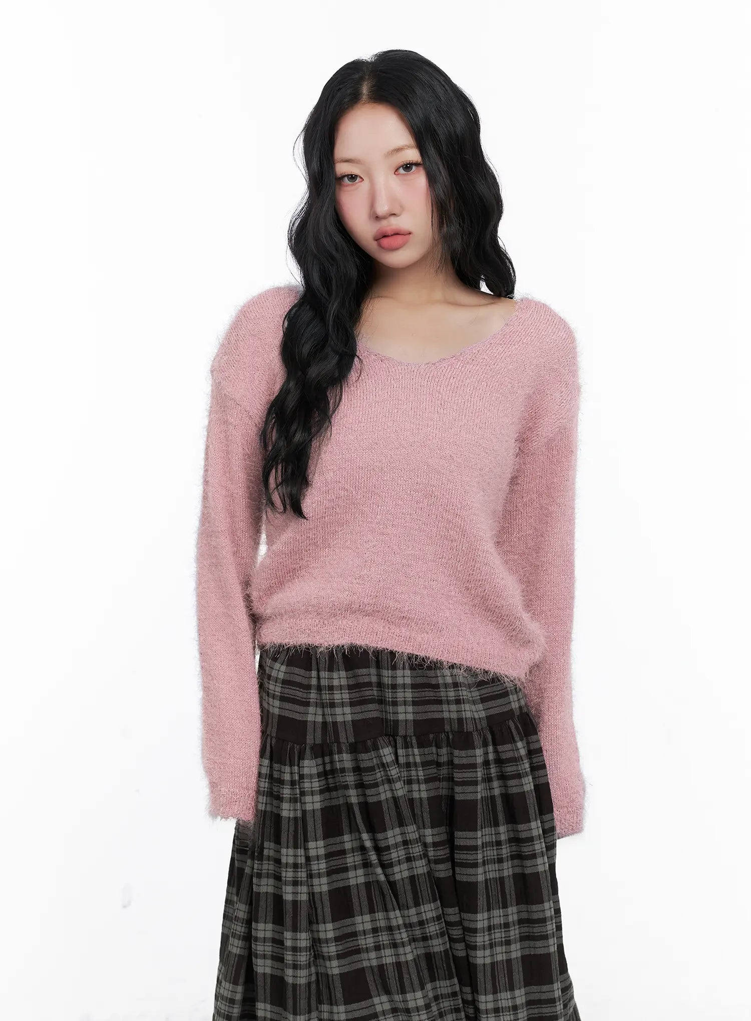 v-neck-ribbon-long-sleeve-knit-sweater-cn514 / Pink