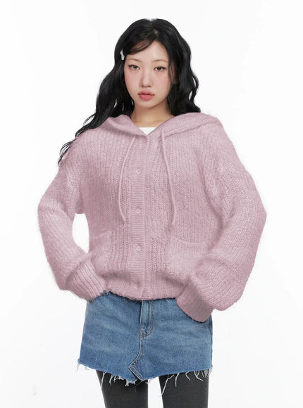 loose-fit-knit-hooded-zip-up-cn514 / Pink