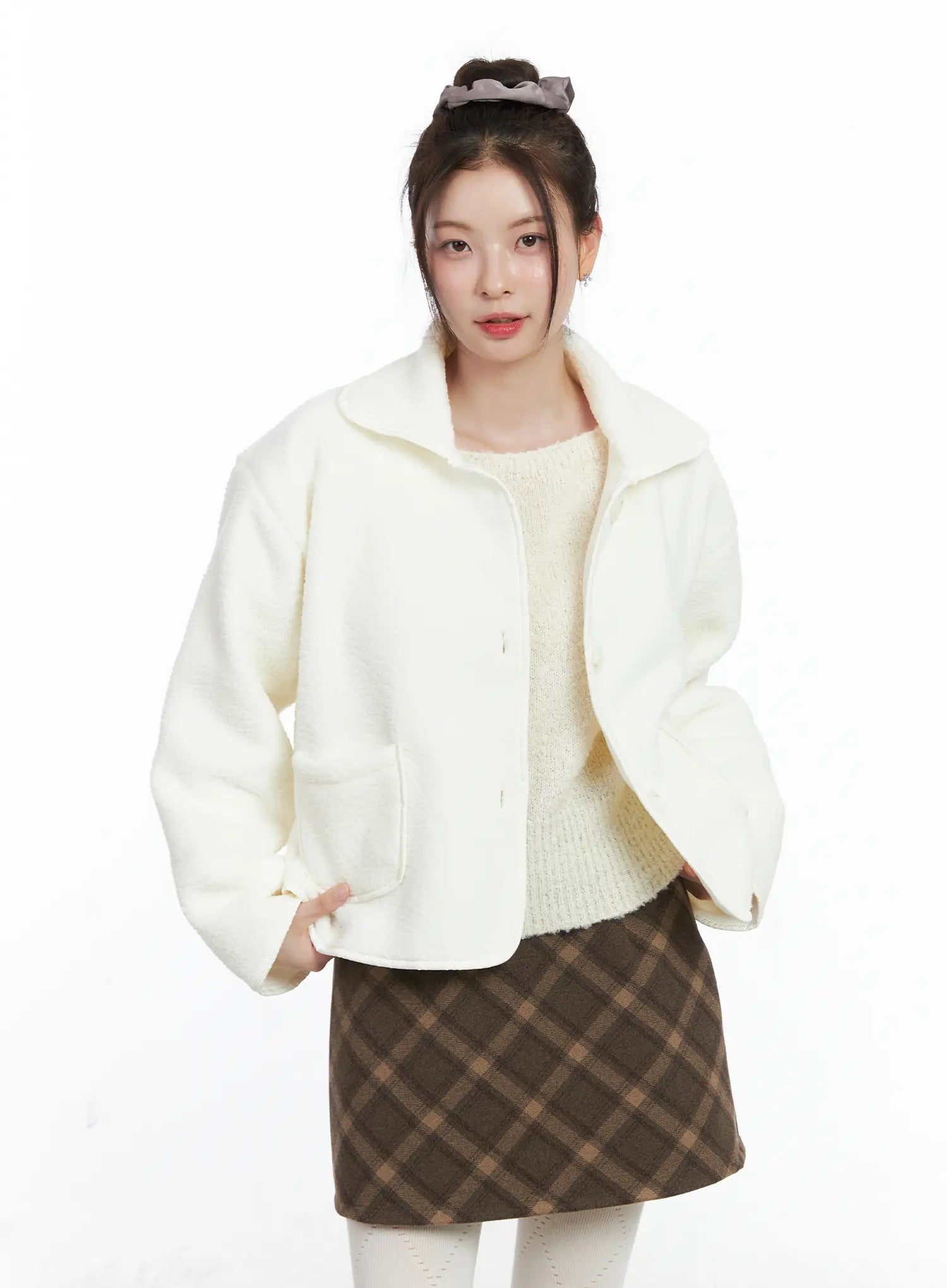 oversized-button-up-fleece-jacket-cn518 / White