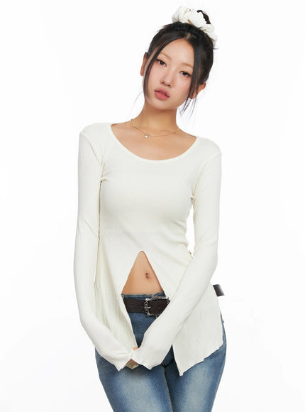 Ribbed U-Neck Button Detail Long Sleeve Top CO514